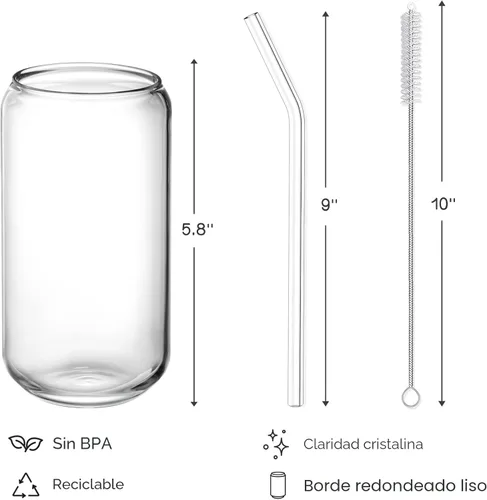 Vista 7 de NETANY Juego de 4 vasos para beber con popote de vidrio, vasos de vidrio Highball de 16 onzas, vasos de cerveza, vasos de café helado, lindo vaso