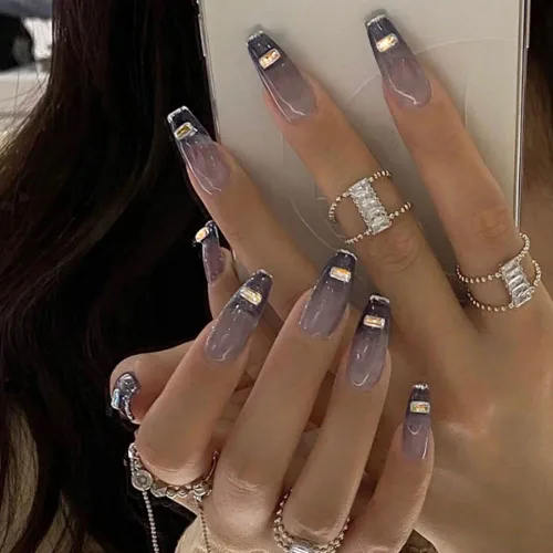 Vista 22 de Uñas postizas francesas a presión, uñas postizas largas de acrílico con forma de ataúd de cobertura completa, uñas postizas de bailarina