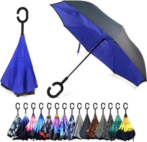 Vista 6 de Paraguas invertido negro de doble capa, mango en forma de C, plegable, resistente al viento, para hombres y mujeres