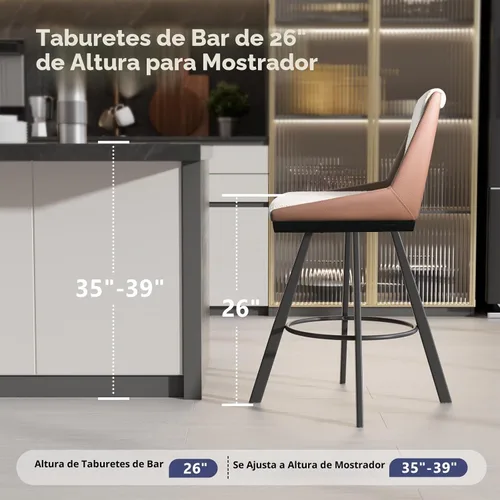 Vista 8 de Juego de 2 taburetes de bar giratorios de 26 pulgadas con respaldo, beige y marrón