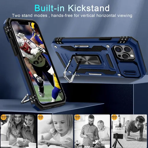 Vista 132 de DEERLAMN Funda para iPhone Xs Max con funda deslizante para cámara + protector de pantalla, soporte giratorio de anillo de grado militar a prueba