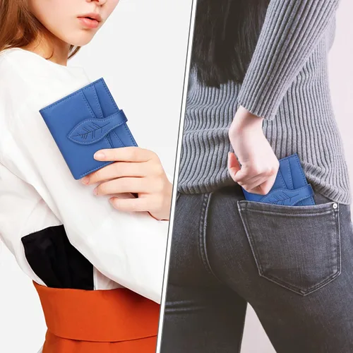 Vista 7 de CONISY Cartera pequeña para mujer, con bloqueo RFID, de piel, plegable, con bolsillo frontal, con cremallera (azul)