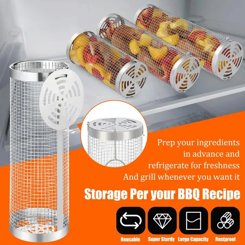 Vista 4 de Juego de barbacoa de 10 piezas: 2 cestas de parrilla enrollables para voltear sin esfuerzo, acero inoxidable 304 para una fácil limpieza, salchichas