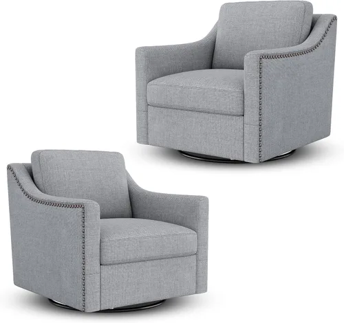 Vista 10 de Olela Silla giratoria para sala de estar, dormitorio, sillón de gran tamaño, moderno barril redondo con brazo en línea de tela (gris)