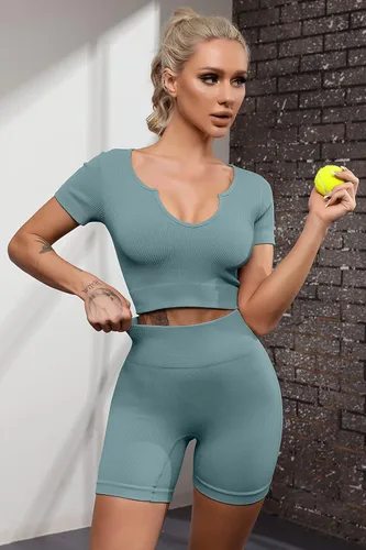 Vista 2 de QINSEN Conjuntos de entrenamiento de 2 piezas sin costuras para mujer pantalones cortos de cintura alta pantalones cortos de yoga GMY