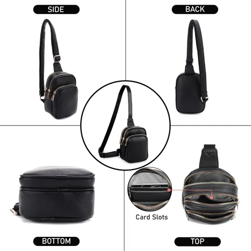 Vista 5 de Emperia Bolso bandolera pequeño con triple cremallera para mujer, de piel sintética, ligera, cangurera para el pecho para viajes, Negro -, Bolso
