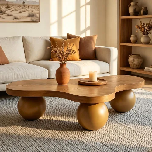 Vista 19 de WILLIAMSPACE Mesa de centro de nube de 39.7 pulgadas con chapa de madera Burl y 4 patas redondas, moderna mesa central de madera con patrón de nudo