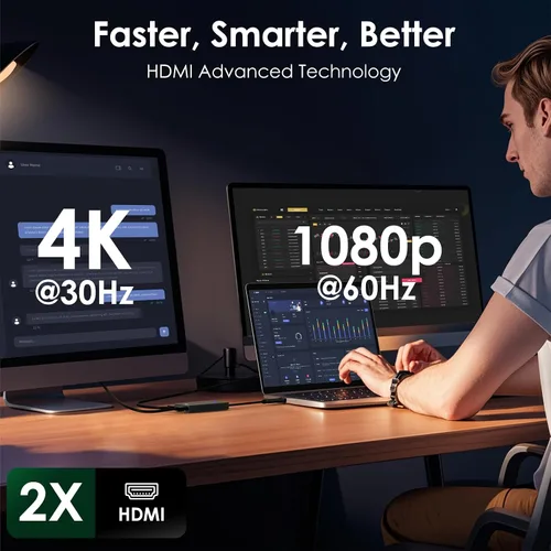 Vista 2 de Minthouz Divisor HDMI para monitores duales, adaptador universal de gráficos de video para Thunderbolt 5/4/3, USB 4, USB-A/C, Mac y Windows, USB-C a