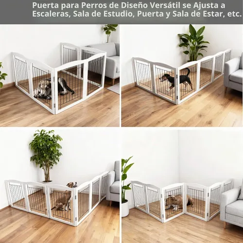 Vista 3 de ZJSF Puerta plegable independiente para perros, puerta de madera extra ancha blanca para cachorros, 6 paneles, puertas altas para mascotas