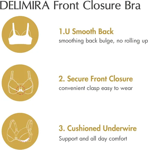 Vista 4 de DELIMIRA Sujetadores con cierre frontal para mujer, talla grande, con encaje, cobertura completa, sin forro