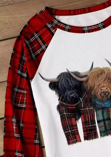 Vista 3 de AIMITAG Cow Highland Cattle - Sudadera para mujer, diseño de vaca occidental, estampado de vida de granja, casual, otoño, búfalo a cuadros, Blanco