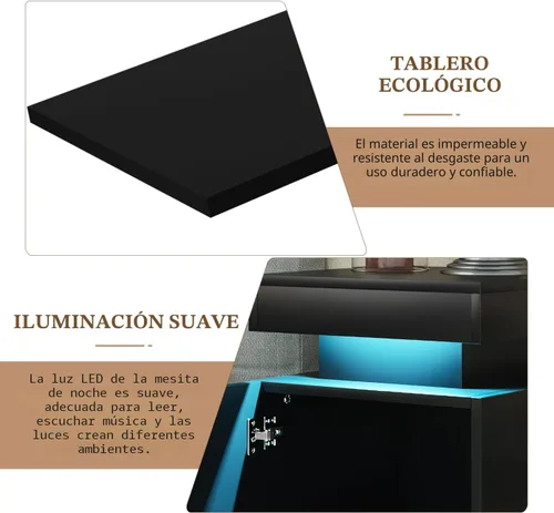 Vista 8 de oneinmil Juego de 2 mesitas de noche con luces LED, mesita de noche con armario de almacenamiento para dormitorio, mesita de noche con LED