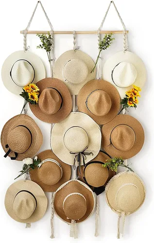 Vista 12 de Organizador de Sombreros de Macramé para Pared 15 Clips 31x53 Pulgadas Colgadores Grandes Exhibidor para Sombreros Fedora para Soporte de Sombreros