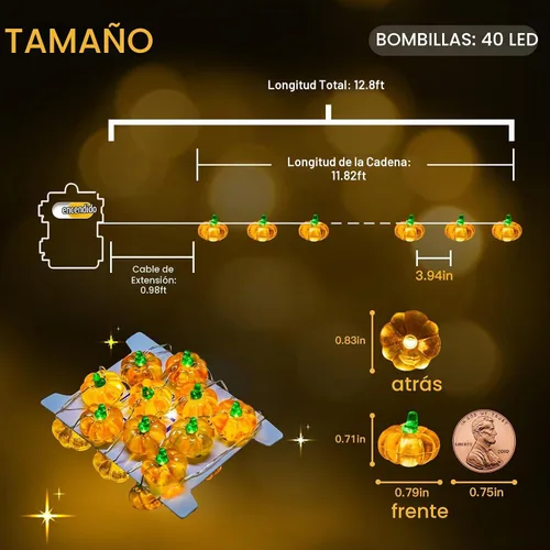 Vista 6 de suddus Luces de calabaza 3D, 40 luces LED de otoño de 12.8 pies, funcionan con pilas con control remoto y 8 modos y temporizador, decoraciones