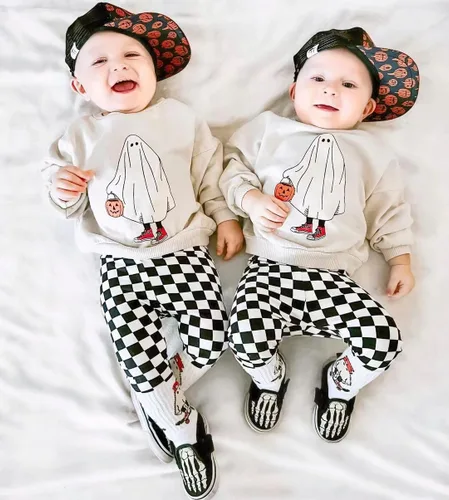 Vista 2 de Hnyenmcko Conjunto de 2 piezas de sudadera de manga larga con letras de calabaza para bebé niño, conjunto de 2 piezas, ropa de otoño