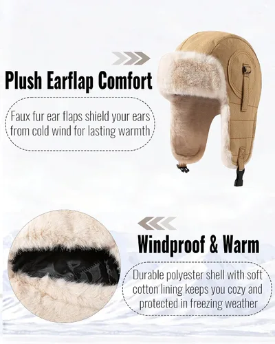 Vista 7 de CLAPE Men Winter Trapper Hat Warm Thick Trooper Hats with Ear Flaps Russian Ushanka Hat Hunting Ski Cap