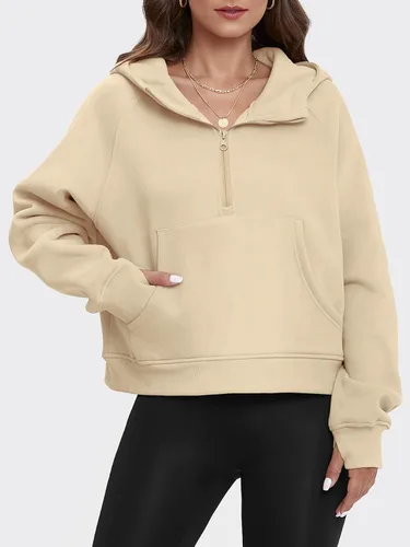 Vista 2 de ATHMILE Sudaderas cortas con capucha para mujer, media cremallera, forro polar, ropa de invierno, con cremallera de un cuarto