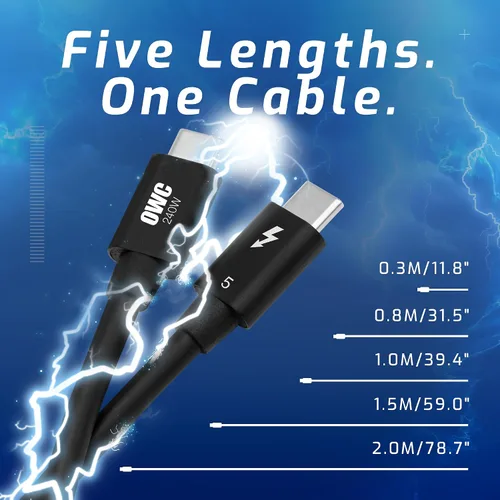 Vista 7 de OWC Cable Thunderbolt 5 (USB-C) de 0.8 M, hasta 80 Gb/s de velocidad de datos bidireccional, hasta 120 Gb/s para mayor ancho de banda de pantalla