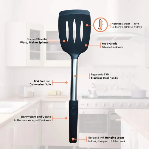 Vista 9 de Home & Kitchen Essentials Juego de utensilios de cocina de silicona antiadherente, asas de acero inoxidable, resistentes al calor, sin BPA y aptos