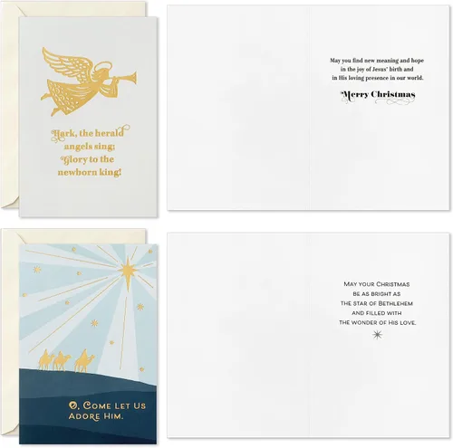 Vista 6 de Hallmark Surtido de tarjetas religiosas de Navidad, paz celestial (36 tarjetas y sobres) Azul polvoriento y lámina dorada