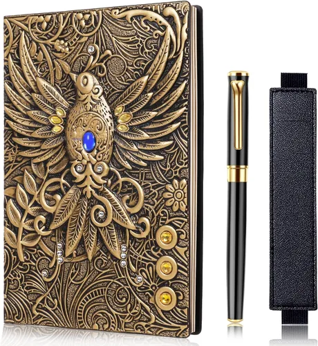 Vista 9 de Cuaderno vintage de cuero con relieve de dragón DND, cuaderno de viaje con bolígrafo negro y funda para bolígrafo. Diario A5 antiguo hecho a mano