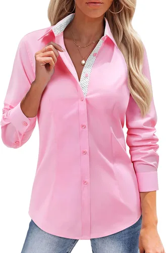 Vista 15 de siliteelon Camisas con botones para mujer, camisas de vestir de algodón de manga larga para mujer, sin arrugas, blusa de trabajo elástica