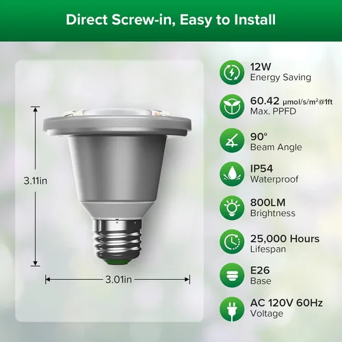 Vista 2 de Bombilla de crecimiento LED equivalente a 60W de SANSI, bombilla de luz para plantas de espectro completo BR20 de 12W con base E26, vida útil