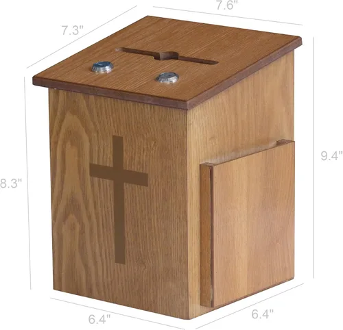 Vista 2 de Caja de recaudación de fondos de madera de dos cerraduras, caja de donación con cruz dorada, caja de oración de diezmos de iglesia cristiana