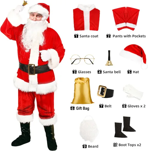 Vista 4 de ZZXIAOJIE Juego de disfraz de Papá Noel de Navidad para hombre, 10 piezas de terciopelo de lujo para adultos, traje de Papá Noel, traje de Santa