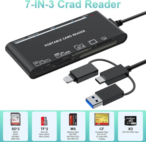 Vista 2 de Memory Stick Pro Duo - Lector de tarjetas SD/Micro SD/TF/XD/CF/M 7 en 1 para Windows, Mac, Linux (USB-A + USB-C + IP)