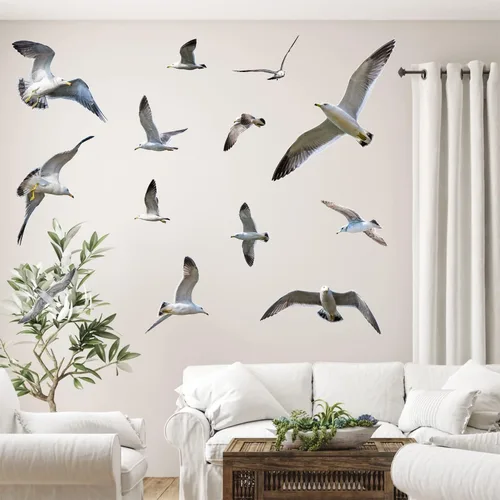 Vista 7 de Calcomanías de pared de gaviota removibles 3D, decoración artística, temática de playa, rebaño, pájaros, calcomanías de pared autoadhesivas