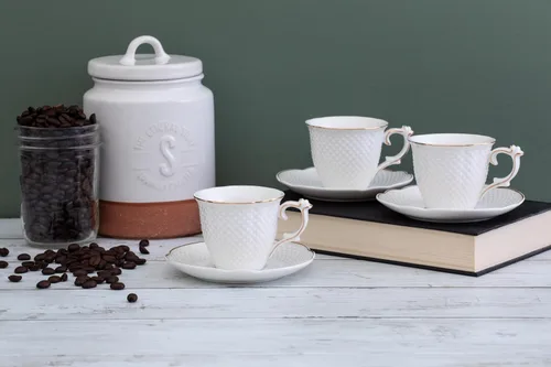 Vista 5 de Royal Porcelain Elegantes tazas y platillos de café expreso de porcelana blanca, 12 piezas, 3 onzas, mini taza con borde dorado, perfecto