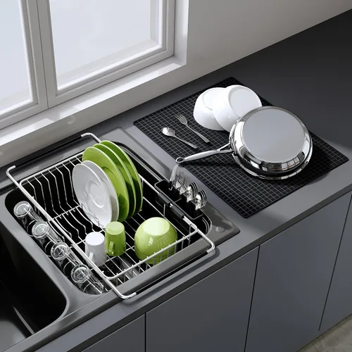 Vista 11 de Apartment RV Small Dish Drainer Drying Rack Over The Sink In Stainless Steel for Narrow Kitchen, Counter Space Saving Compact Expandable Metal Plate