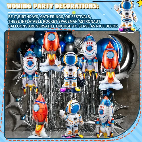 Vista 6 de RoundFunny 8 globos de cohete para el espacio exterior, globos de aluminio para astronautas espaciales, naves espaciales, cohetes, temática