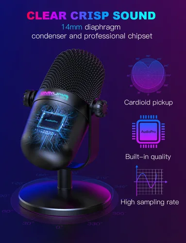 Vista 2 de Micrófono para juegos con cancelación de ruido y botón de silencio, micrófono de condensador USB para transmisión/grabación, diseño ultracompacto