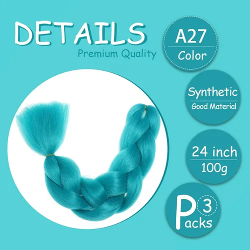 Vista 2 de 3 paquetes de extensiones de cabello sintético para trenzas de 24 pulgadas, color verde azulado, cabello trenzado jumbo para festivales coloridos