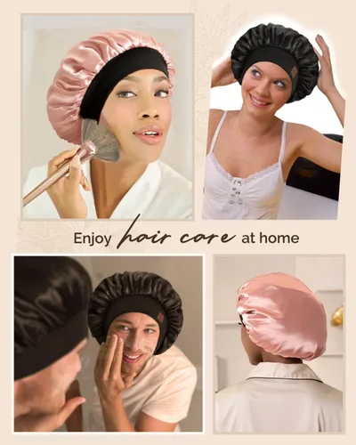 Vista 6 de Hat Hut Gorro de satén de seda para dormir para mujer, gorro de pelo para cabello rizado, banda ancha ajustable, doble capa