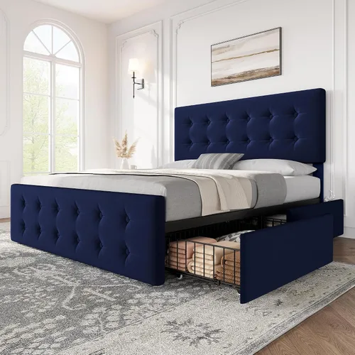 Vista 18 de IDEALHOUSE Marco de cama tamaño completo con 4 cajones de almacenamiento y cabecero, marco de cama plataforma tapizada en cuero sintético con Beige