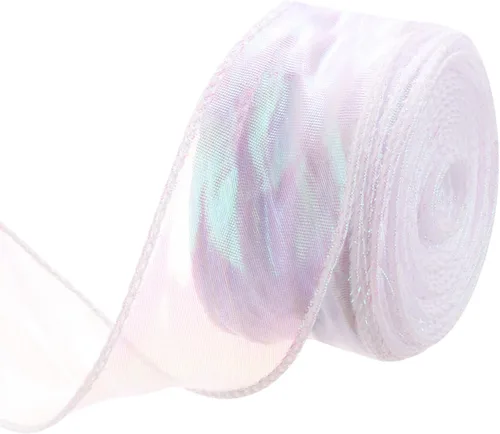 Vista 65 de MECCANIXITY - Cinta de organza con cable de 1 1/2" de ancho, brillante, transparente, con brillo irisado en tonos pastel, cinta de gasa para Beige