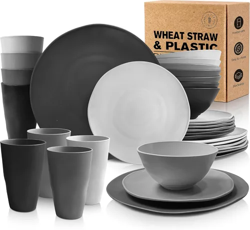 Vista 19 de Teivio Juego de vajilla de plástico de paja de trigo de 32 piezas para cocina, servicio para 8, platos, cuencos y tazas irrompibles, vajilla