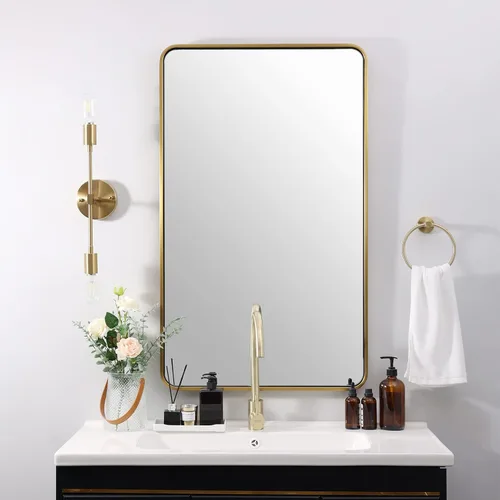 Vista 42 de Espejo de latón para baño, espejo rectangular redondeado de 22x30 pulgadas con marco de metal cepillado dorado, espejo de tocador de baño sin