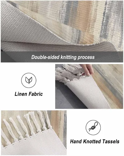 Vista 6 de Beige Gray Brown Entryway Rug 2X3 Ft Bathroom Mat, Washable Woven Abstract Ombre Art Throw Carpet with Tassel, Non-Shedding Vintage Minimalist