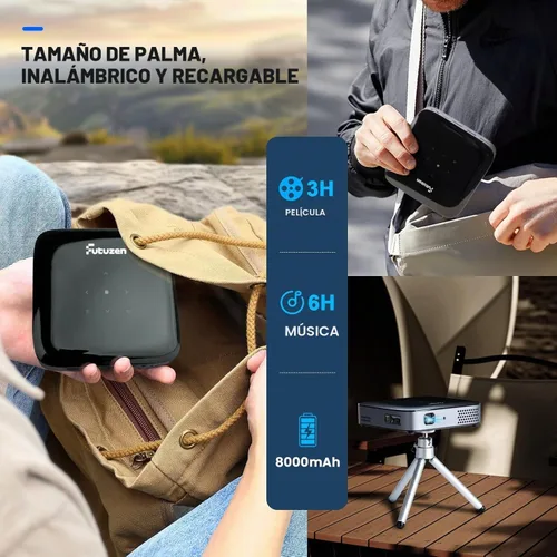 Vista 9 de Mini proyector portátil con altavoz de batería recargable y tirpod, proyector pico de 1080P (entrada 4K), sistema de transmisión integrado