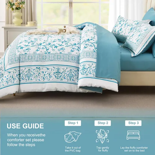 Vista 7 de Dobuyly Juego de edredón floral tamaño Queen, 7 piezas de cama en una bolsa, tamaño Queen, juego de ropa de cama botánico de flores aguamarina sobre