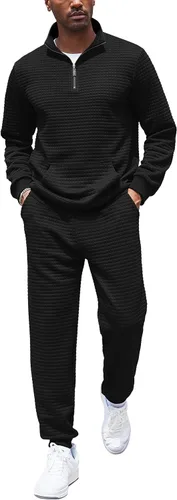 Vista 11 de COOFANDY Chándal para Hombre de 2 Piezas con Cremallera de un Cuarto Conjunto de Entrenamiento Jacquard a Cuadros para Trotar Verde militar
