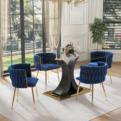 Vista 18 de Juego de comedor moderno de vidrio de lujo de 5 piezas, juego de cena rectangular minimalista grande para 4, juego de mesa de cocina de vidrio