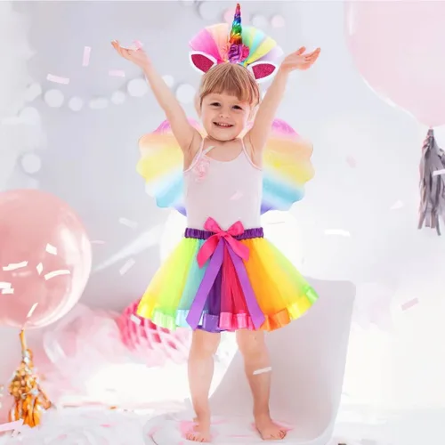 Vista 3 de Cocojeci Faldas de tutú arcoíris en capas con alas y diadema de unicornio para niñas pequeñas