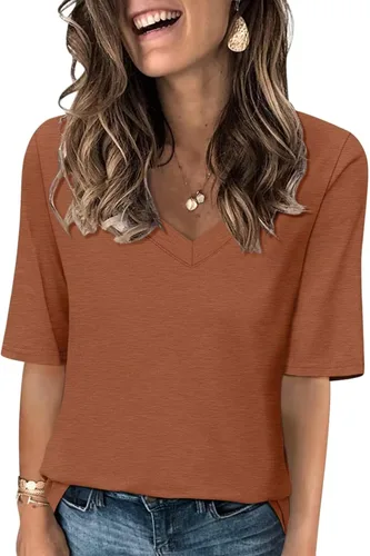 Vista 17 de Minetom Camisetas de verano básicas de media manga con cuello en V para mujer