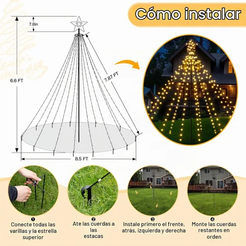 Vista 2 de Luces de árbol de Navidad de 340 LED con estrella superior, IP67, impermeable, control remoto, luces de cascada con poste, 16 modos, 3