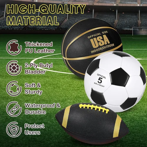 Vista 2 de Sratte Juego de 3 pelotas deportivas para adolescentes y adultos, incluyendo tamaño oficial, fútbol, baloncesto, fútbol con bomba y bolsa